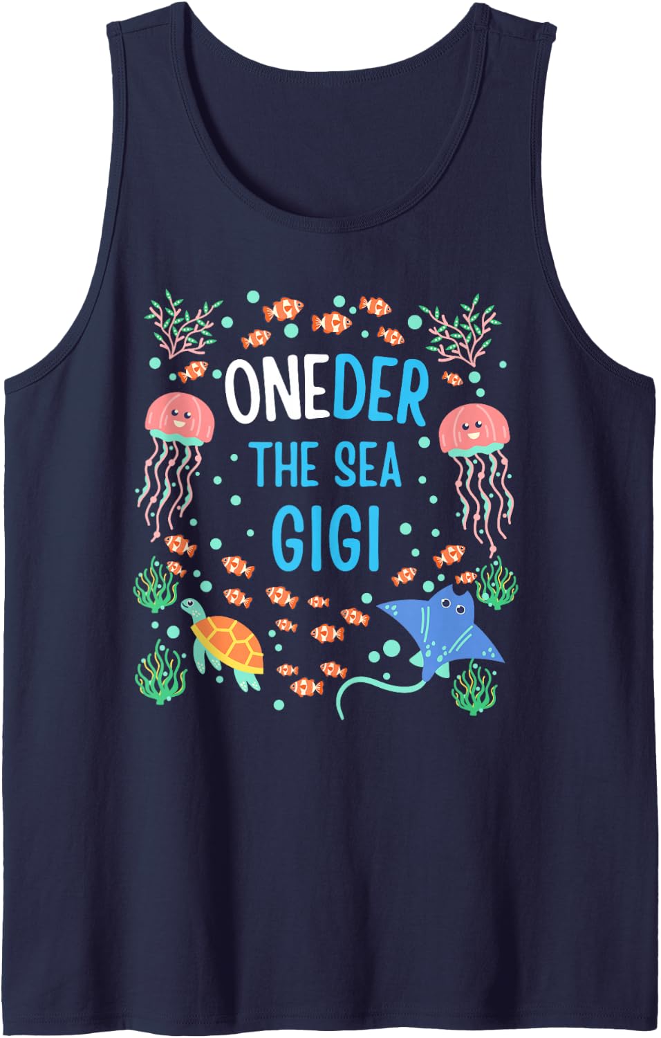 OneDer the Sea Mama 1st Birthday Gigi Matching Sleeveless Tank Top - Navy Blue