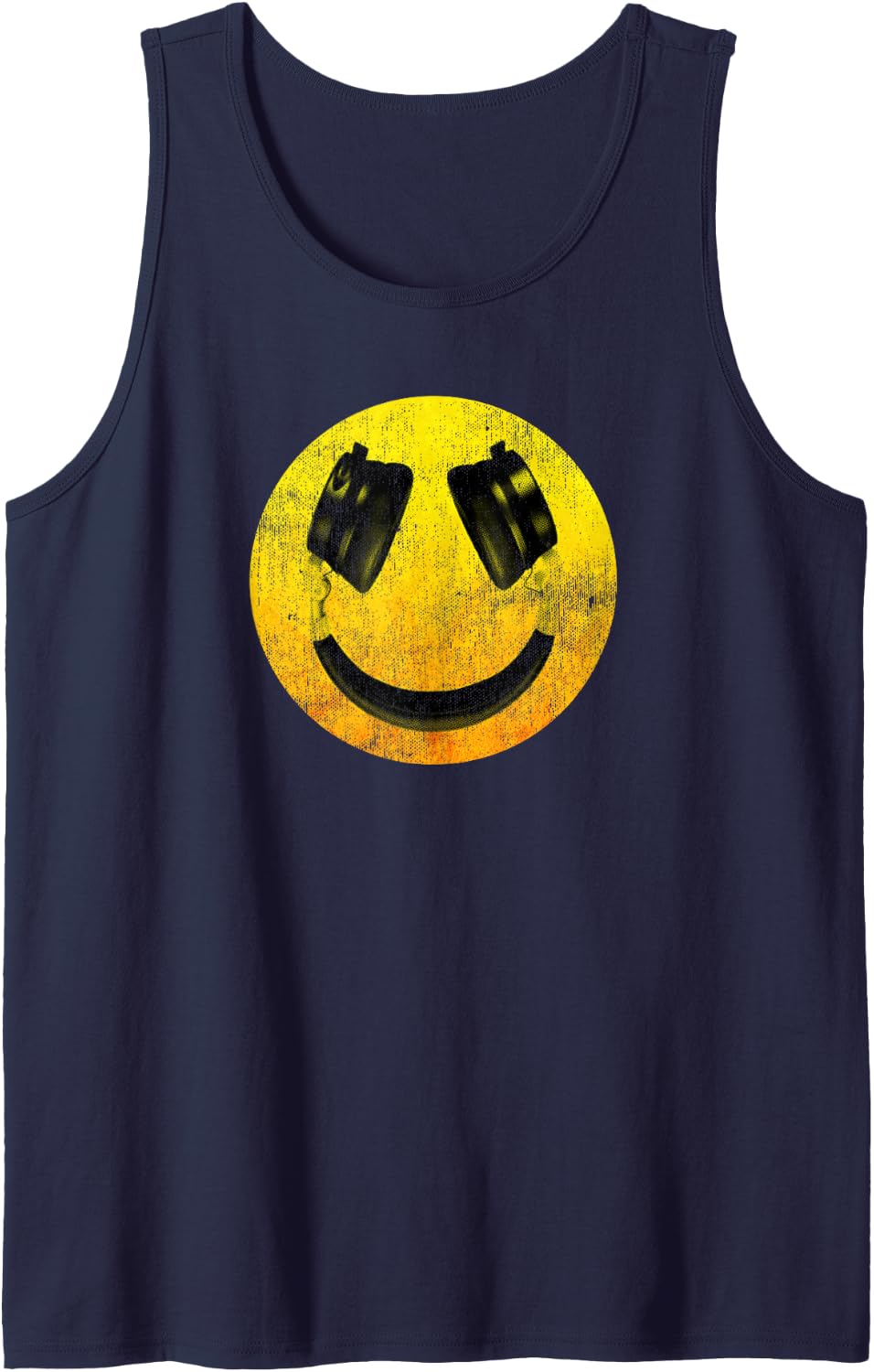 Vintage Distressed Smiling Headphones happy face Tank Top - Navy Blue