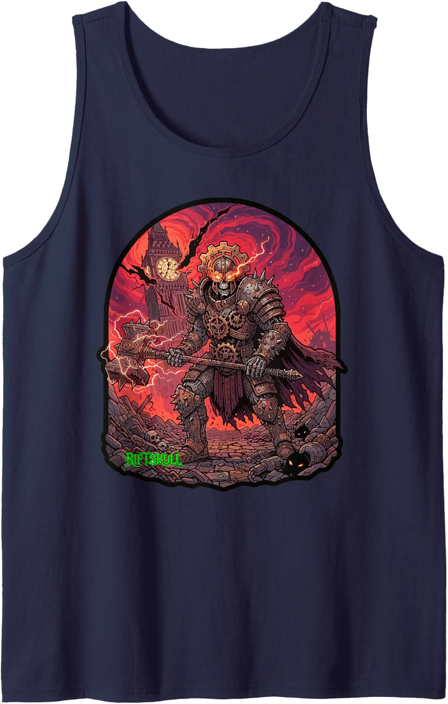Skeleton Warrior Heavy Metal Rock Gothic Dark Fantasy Sleeveless Tank Top - Navy Blue