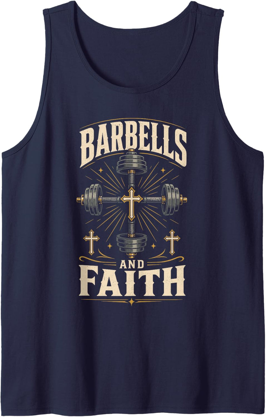 Barbells and Faith Cross Weightlifting Gym Fitness Sleeveless Tank Top - Navy Blue