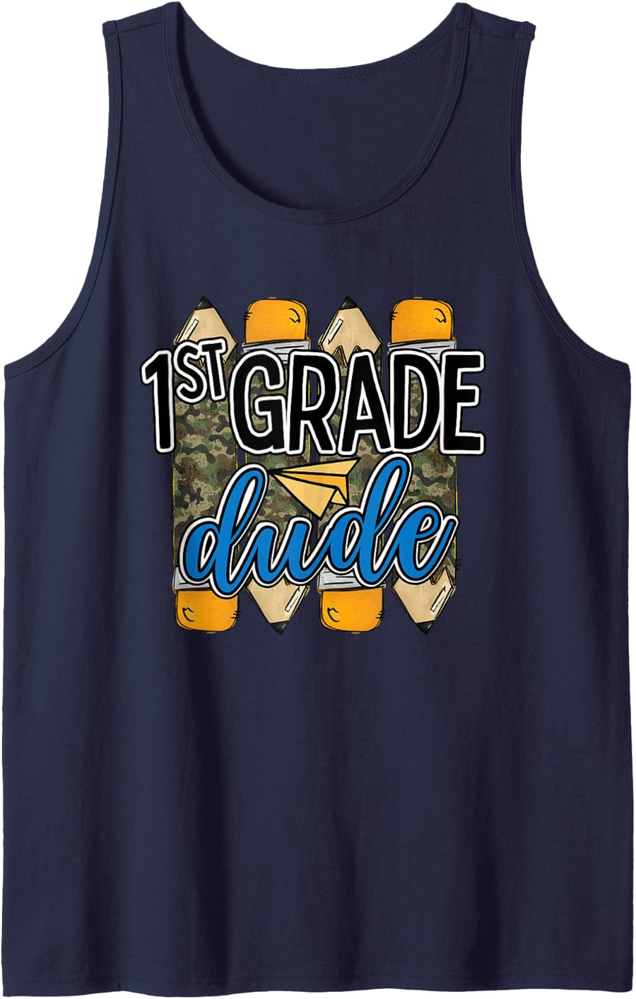First Grade Dude Camo Pencils Boy Kids 1st Grade Squad Sleeveless Tank Top - Navy Blue
