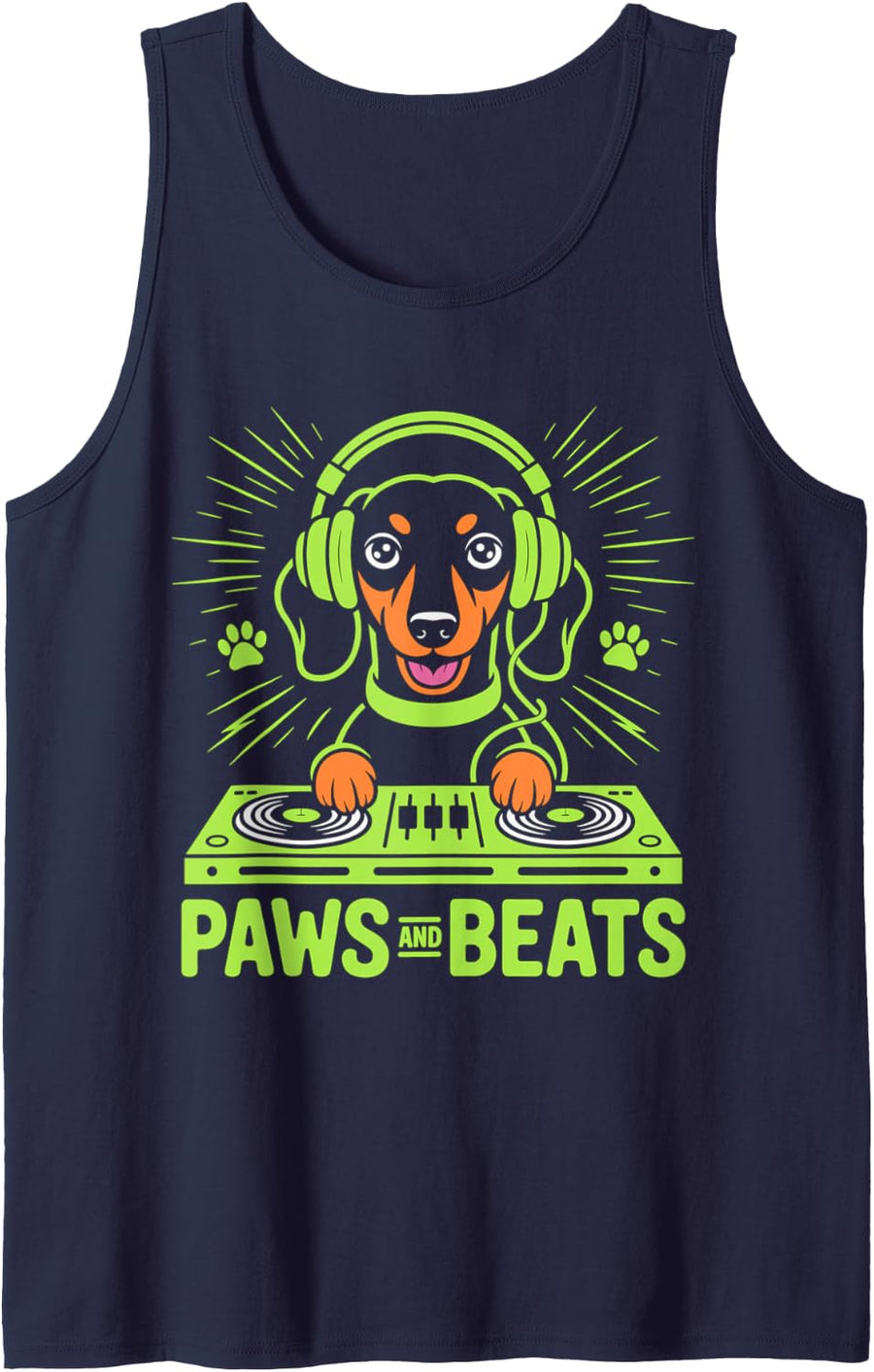 Dachshund DJ Paws and Beats Neon Design Sleeveless Tank Top - Navy Blue
