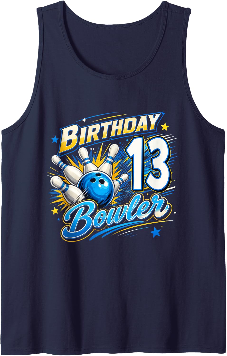 13 Year Old Birthday Bowling Boy 13th Bowling Theme Birthday Sleeveless Tank Top - Navy Blue