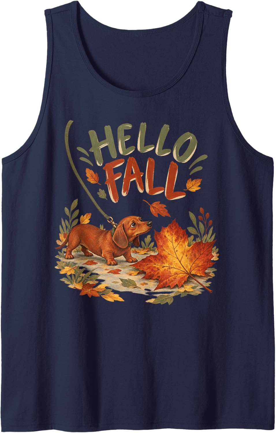 Hello Fall Stubborn Dachshund Walk Sleeveless Tank Top - Navy Blue