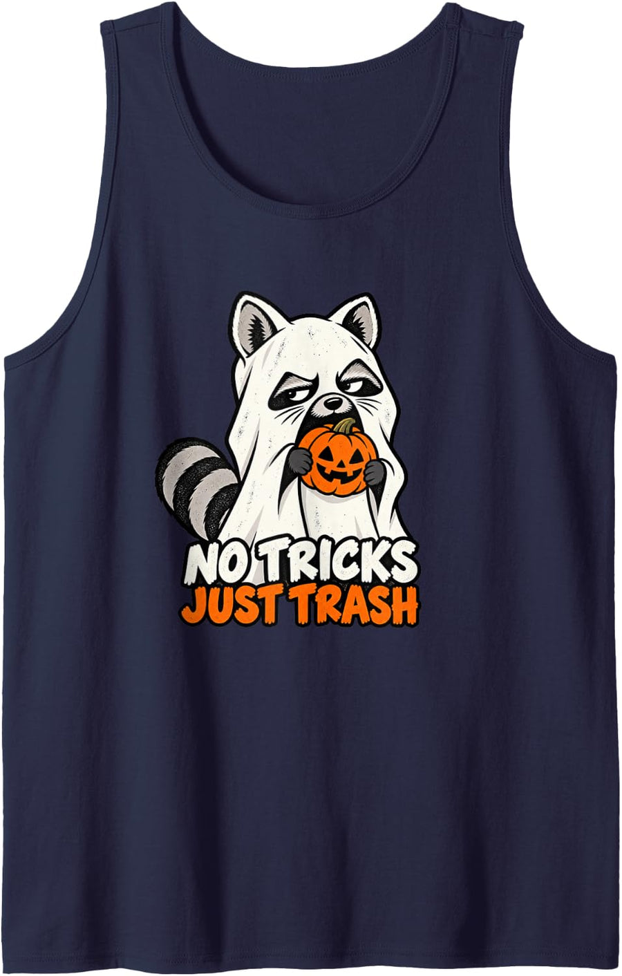 No Tricks Just Trash Raccoon Ghost Pumpkin Halloween Sleeveless Tank Top - Navy Blue