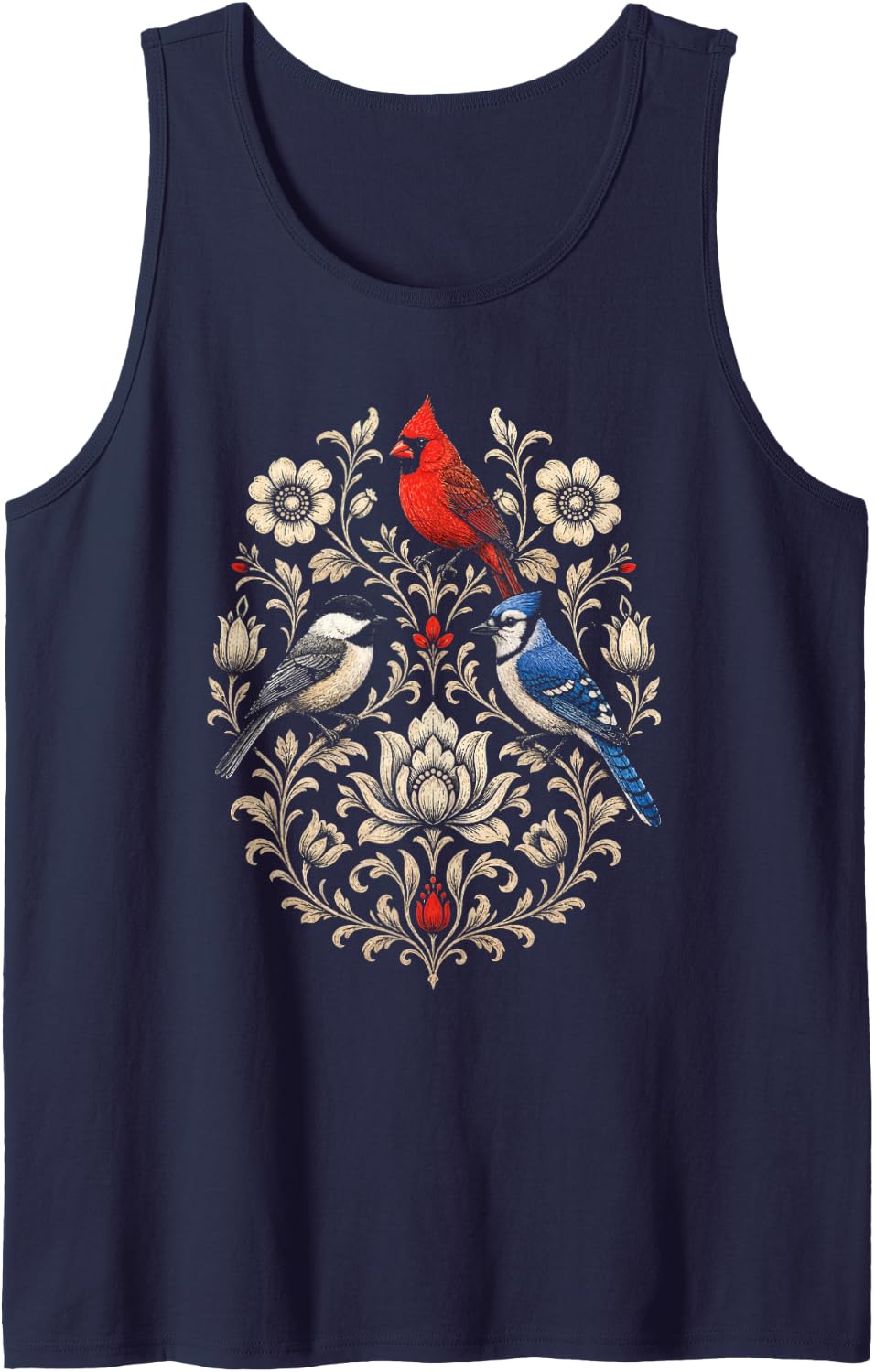 Bird Watching Scandinavian Folk Art Songbirds Tank Top - Navy Blue