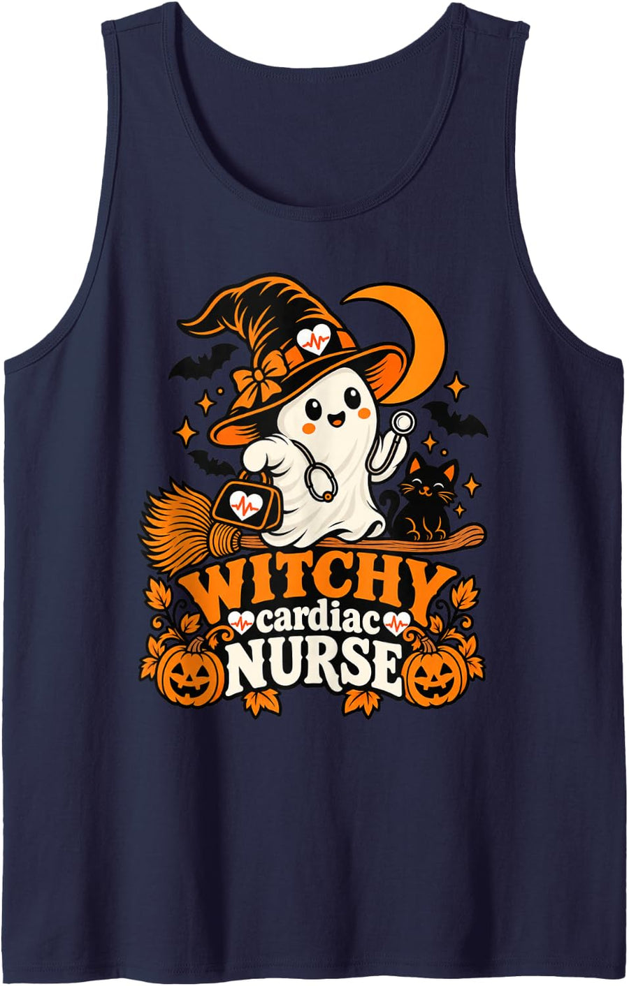 Funny Witchy Cardiac Nurse Ghost Halloween Sleeveless Tank Top - Navy Blue