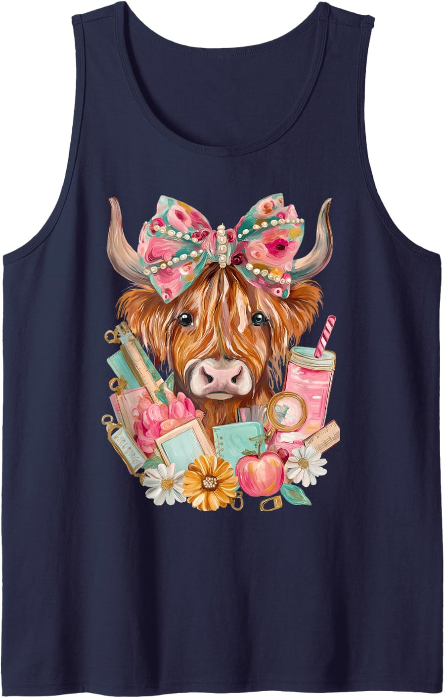 Floral Bow Highland Cow Teacher Kids Back to School Supplies Tank Top - Navy Blue