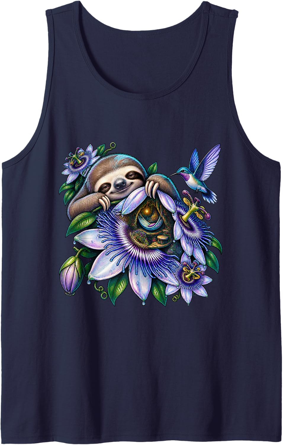 Sleepy Sloth with Passion Flowers and Hummingbird Tank Top - Navy Blue