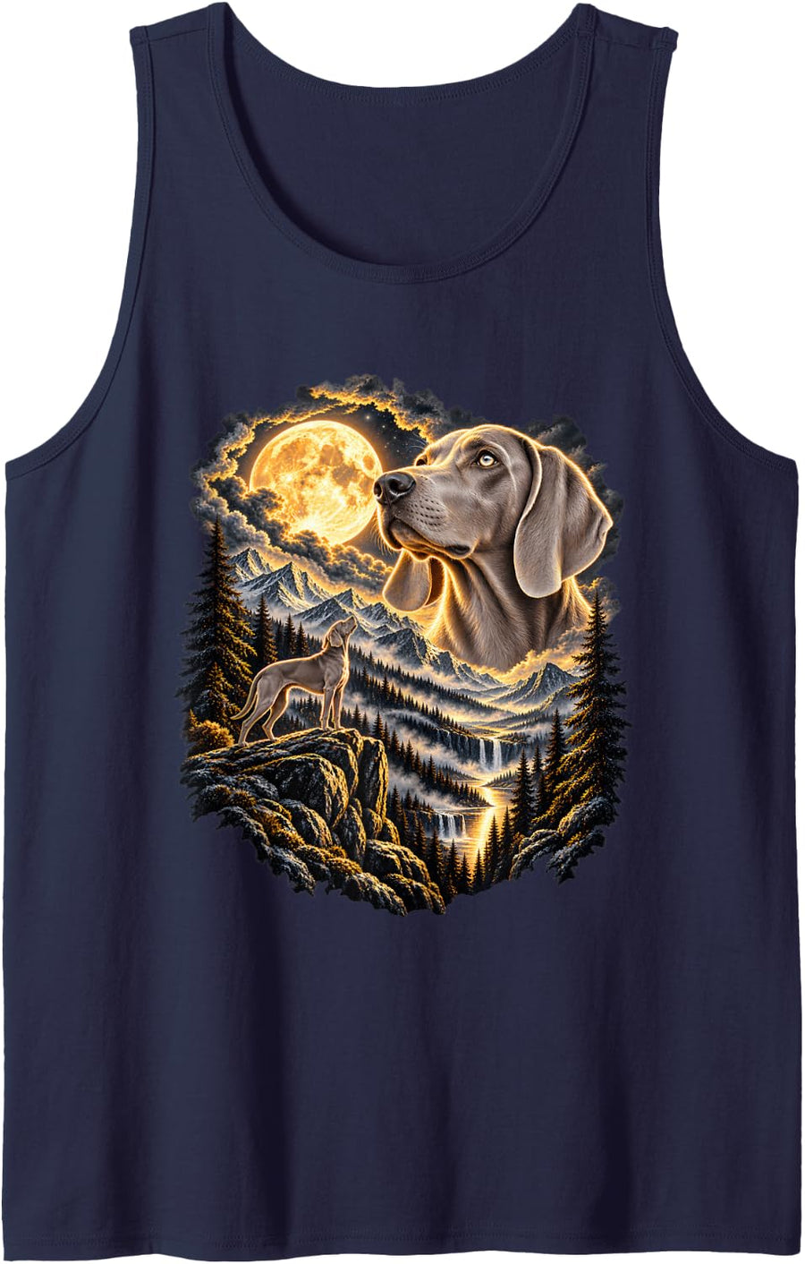 Weimaraner Dog Howling At Moon Mountain Wilderness Art Sleeveless Tank Top - Navy Blue