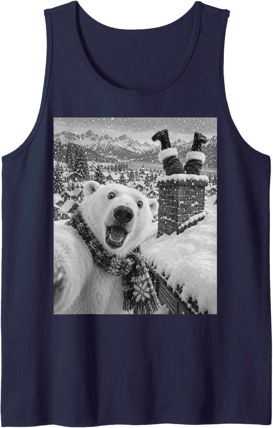 Polar Bear Selfie Santa Chimney Funny Christmas Winter Snow Sleeveless Tank Top - Navy Blue