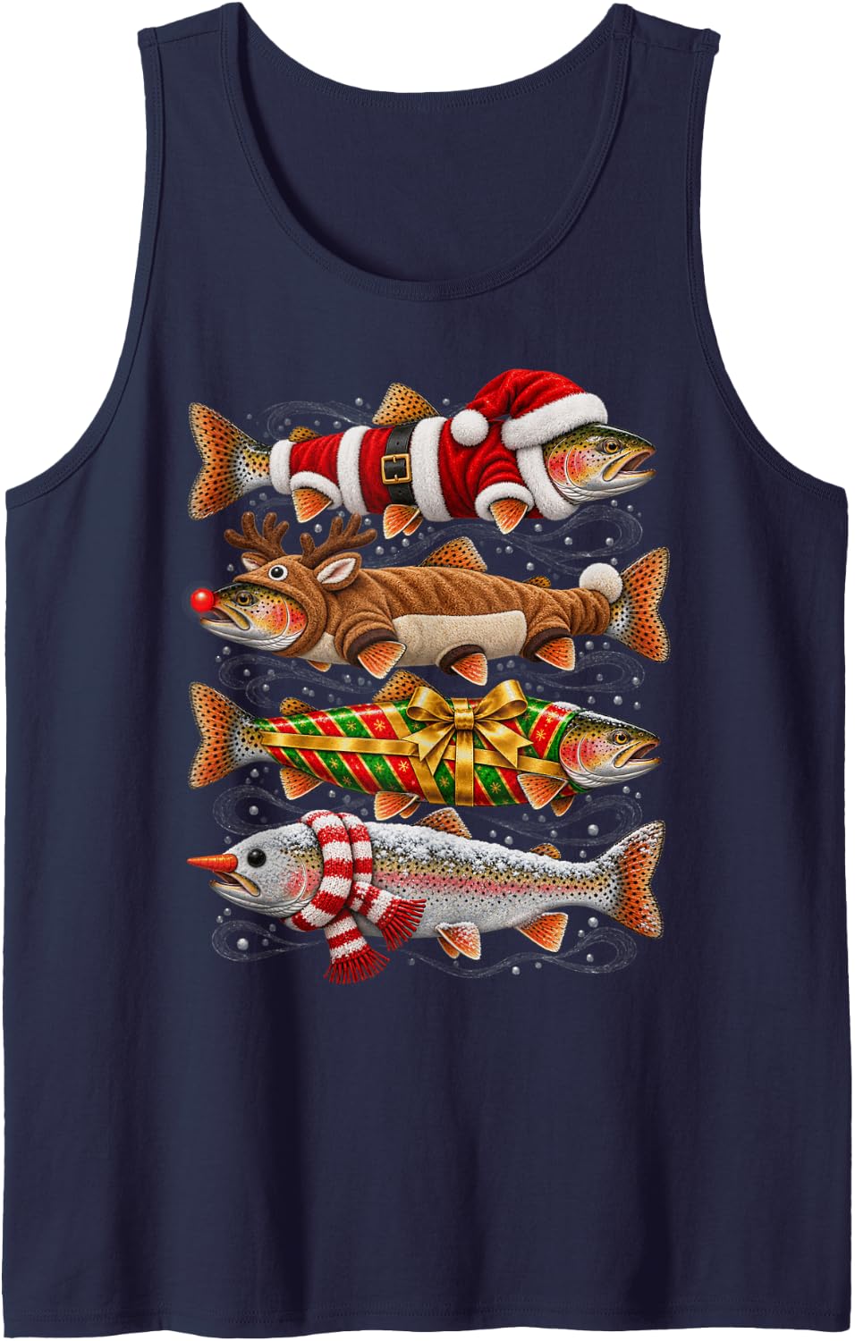 Funny Trout Festive Fish with Santa Reindeer Winter Trout Sleeveless Tank Top - Navy Blue