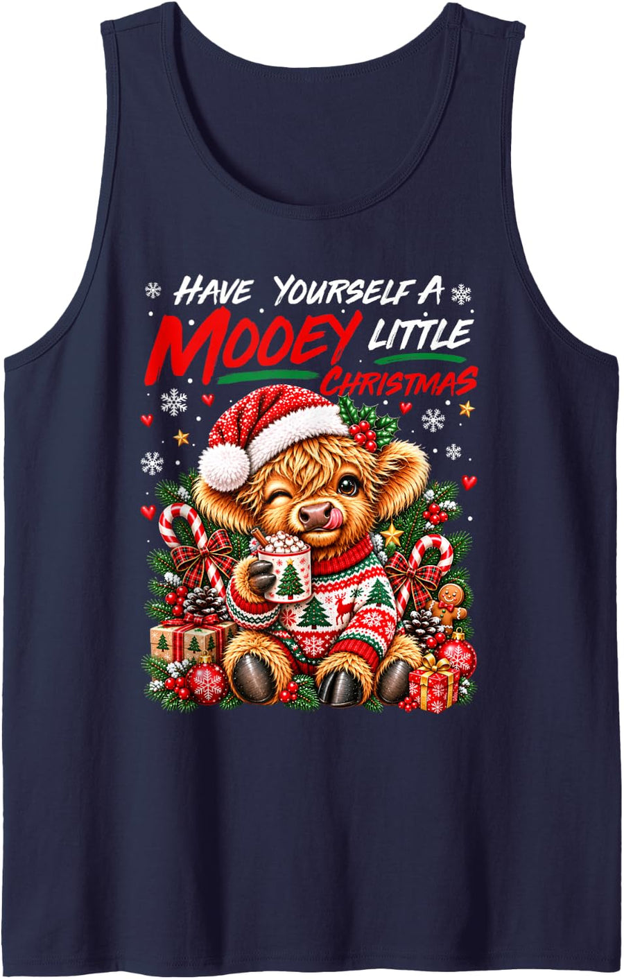 Have Yourself A Mooey Little Christmas Highland Cow Lover Sleeveless Tank Top - Navy Blue