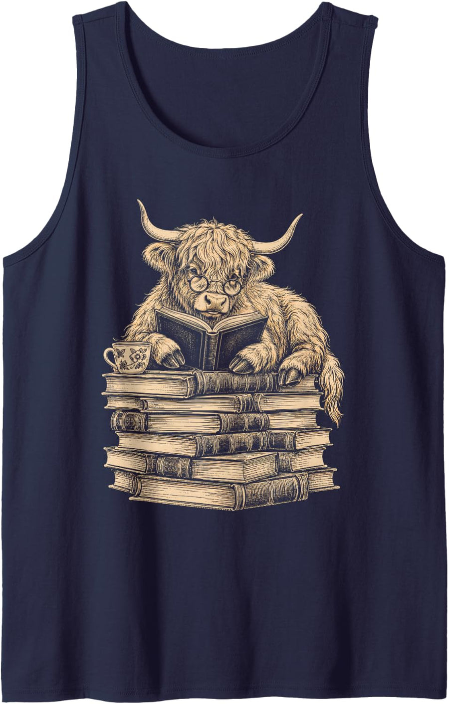 Highland Cow Reading Book Lover Vintage Cute Sleeveless Tank Top - Navy Blue
