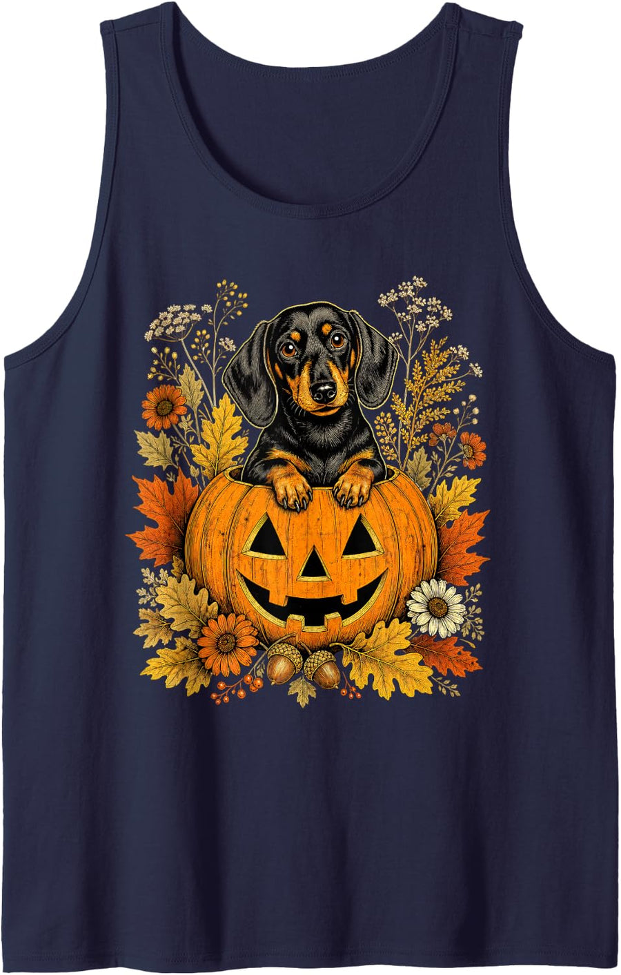 Cute Dachshund Floral Halloween Pumpkin Dog Lover Sleeveless Tank Top - Navy Blue