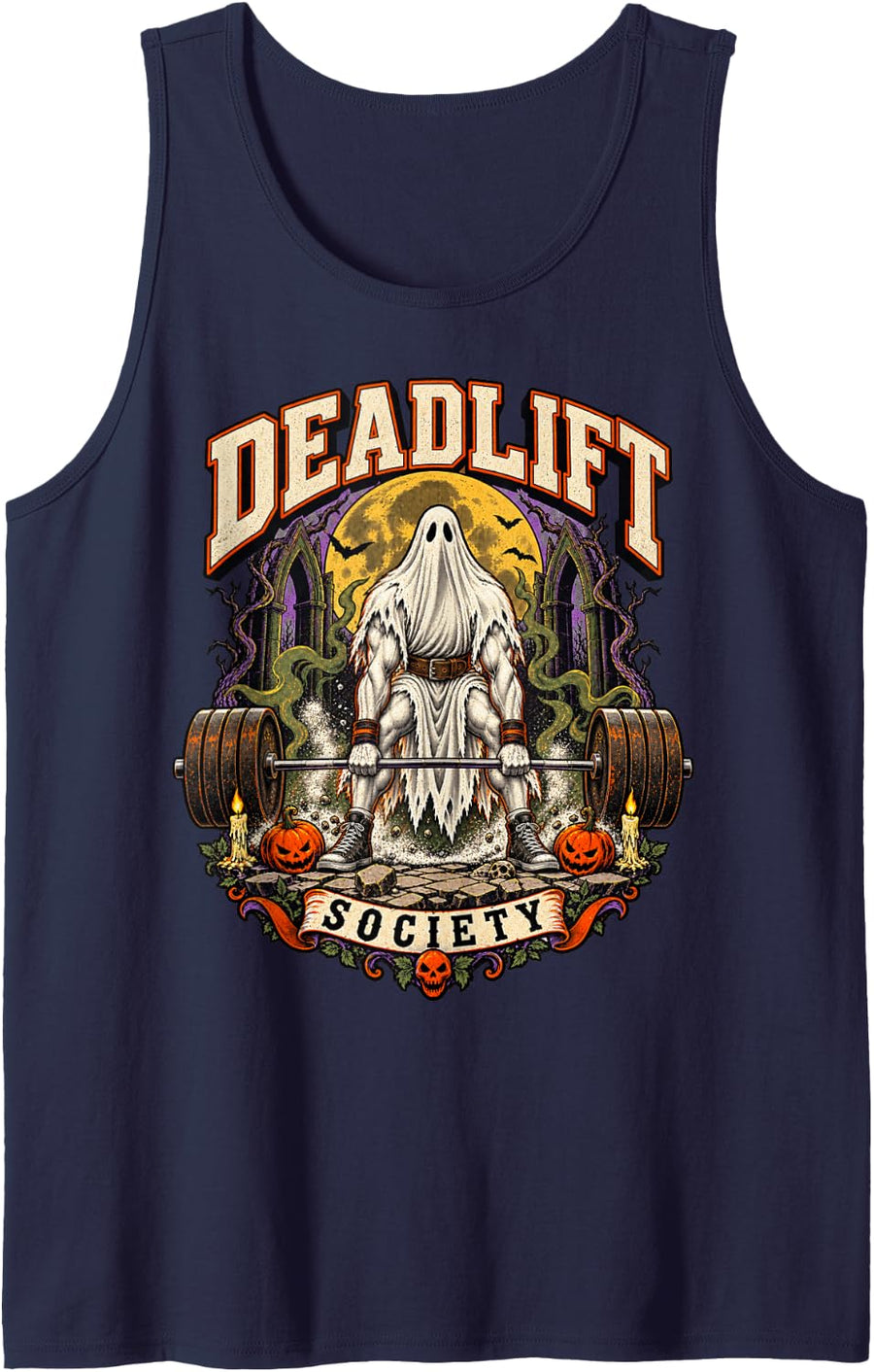 Deadlift Society Ghost Lifting Weights Halloween Fitness Tank Top - Navy Blue