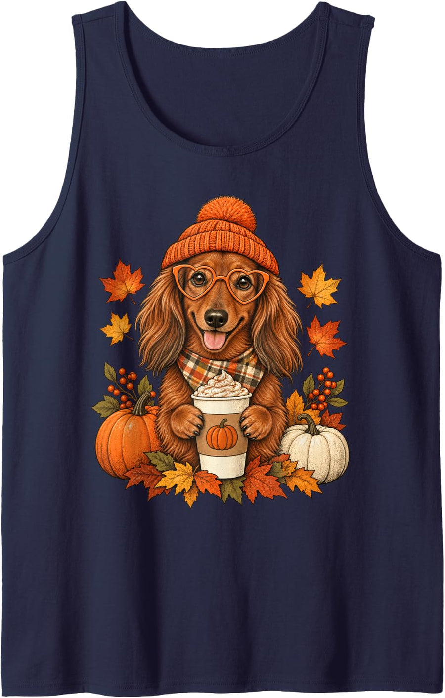 Dachshund Fall Autumn Season Pumpkin Spice Weiner Dog Coffee Sleeveless Tank Top - Navy Blue
