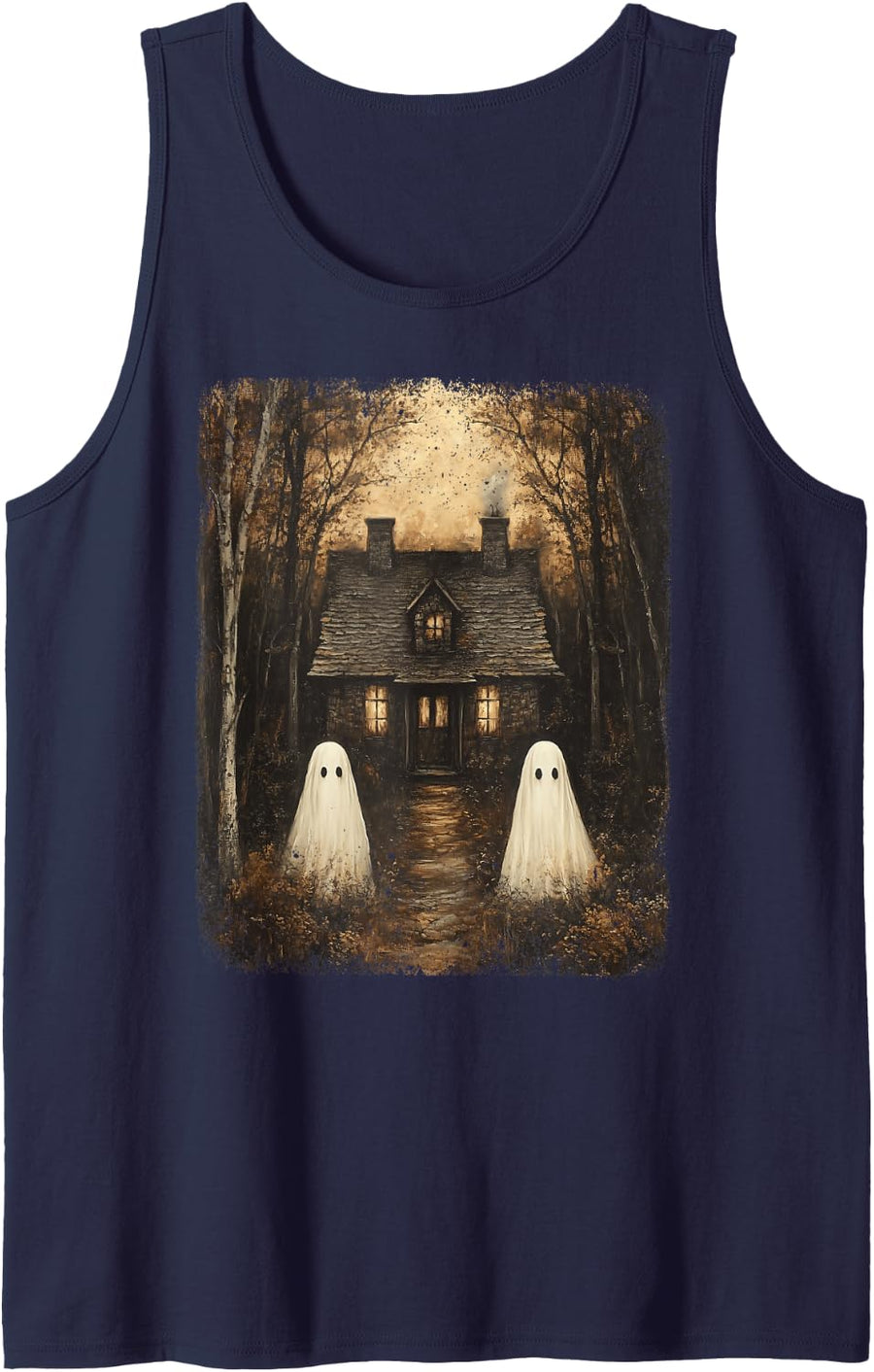 Vintage Haunted House Halloween Spooky Ghost Gothic Forest Sleeveless Tank Top - Navy Blue