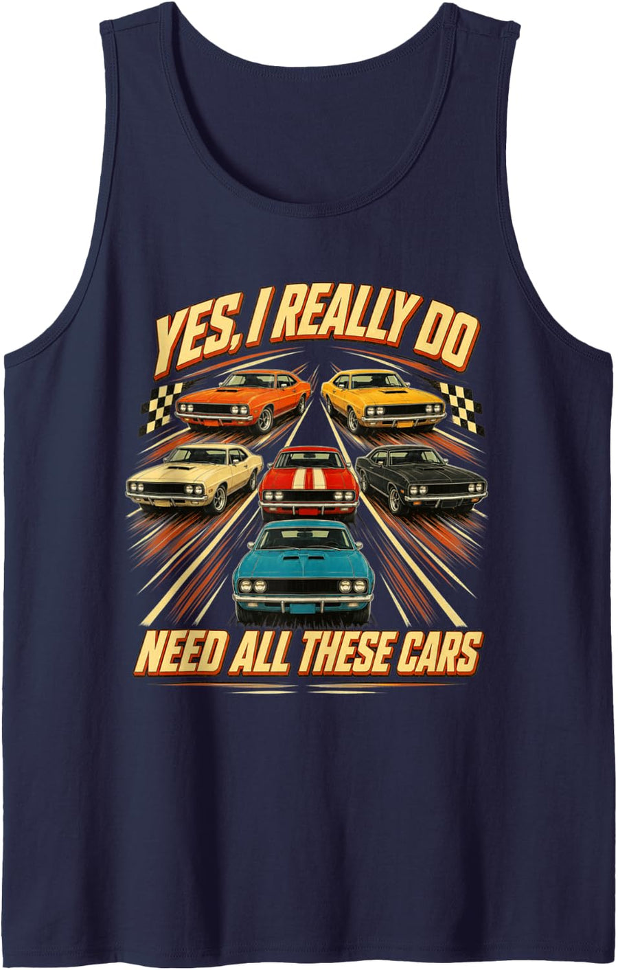 Yes I Really Do Need All These Cars Retro Racing Grid Sleeveless Tank Top - Navy Blue