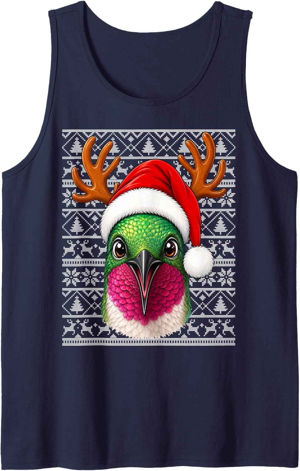 Hummingbird Christmas Santa Hat Ugly Sweaters Cute Xmas Sleeveless Tank Top - Navy Blue