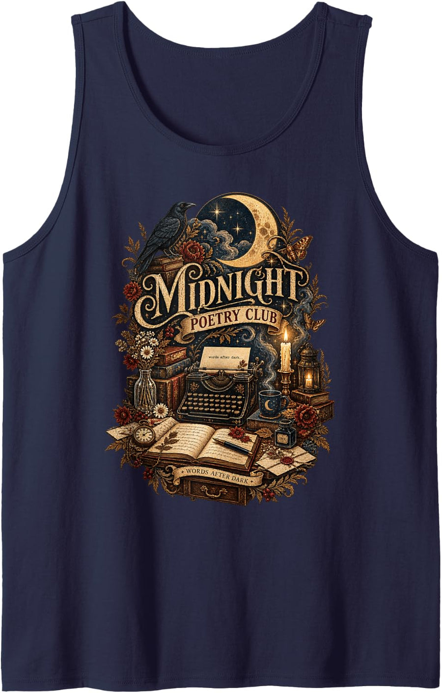 Midnight Poetry Club Vintage Writer Dark Academia Halloween Sleeveless Tank Top - Navy Blue