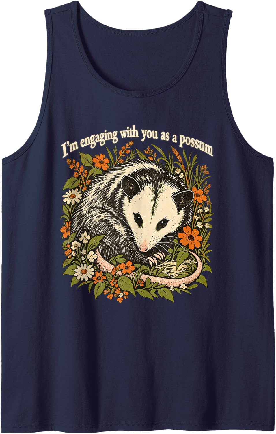 Engaging with You Flower Crescent Funny Possum Sleeveless Tank Top - Navy Blue