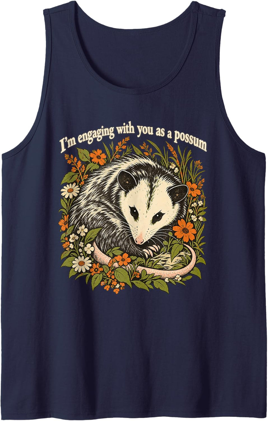 Engaging with You Flower Crescent Funny Possum Sleeveless Tank Top - Navy Blue