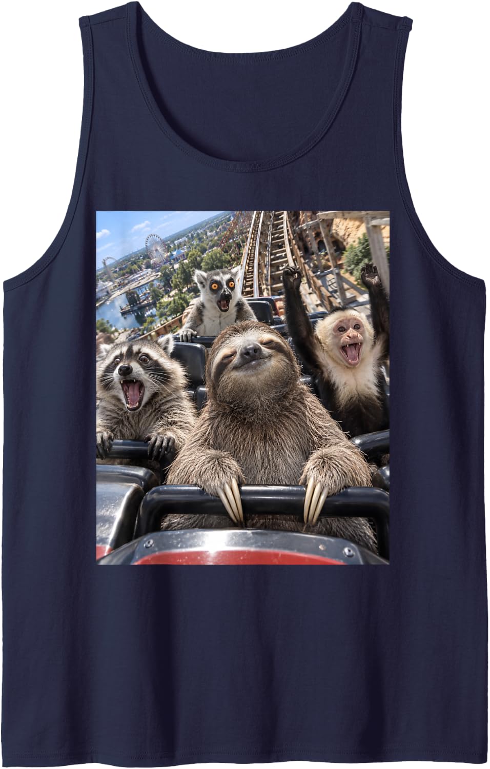 Funny Sloth Selfie Roller Coaster Photo Sleeveless Tank Top - Navy Blue