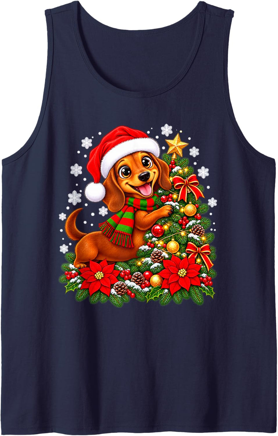 Christmas Tree Dachshund Santa Hat Men Women Kids Sleeveless Tank Top - Navy Blue