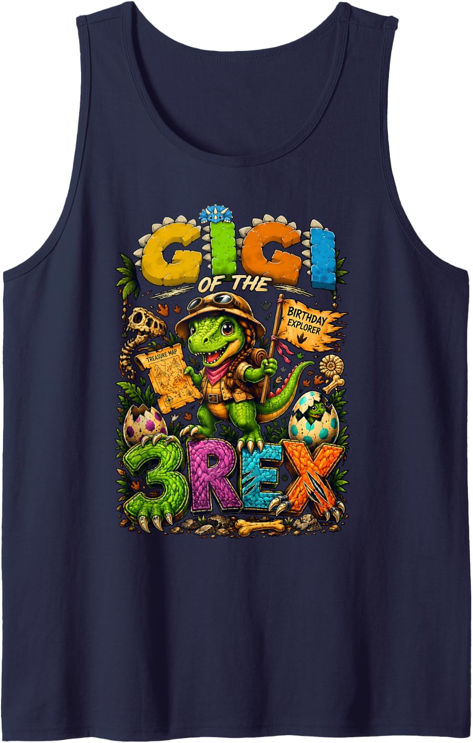 Grandma Gigi of The Three Rex Birthday Dinosaur T-Rex Tank Top - Navy Blue