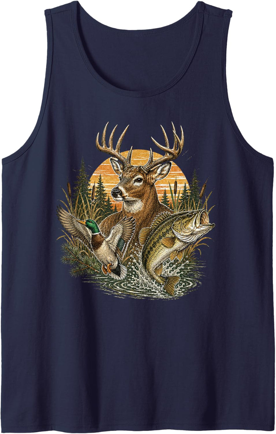 Bass Fishing Duck Hunting Deer Hunter Youth Boys Outdoor Sleeveless Tank Top - Navy Blue