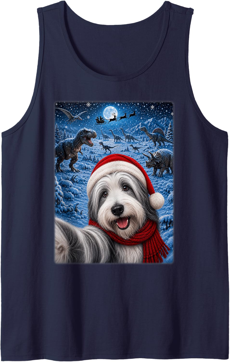Bearded Collie Dog Christmas Moon Night Starry Dinosaur Xmas Tank Top - Navy Blue