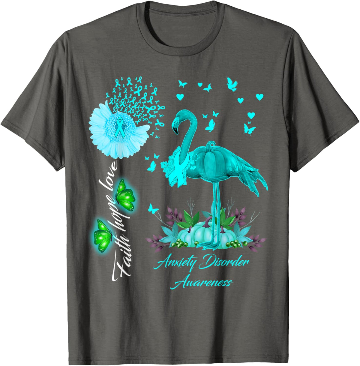 Flamingo Faith Hope Love Anxiety Disorder Awareness T-Shirt - Asphalt Grey