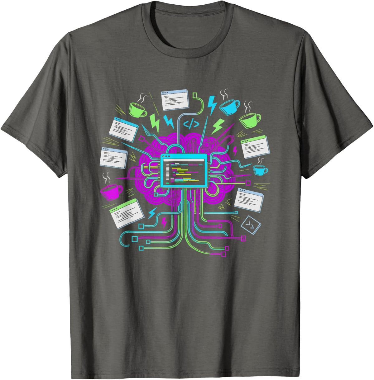 Programmer Dark Mode Terminal Style Brain T-Shirt - Asphalt Grey
