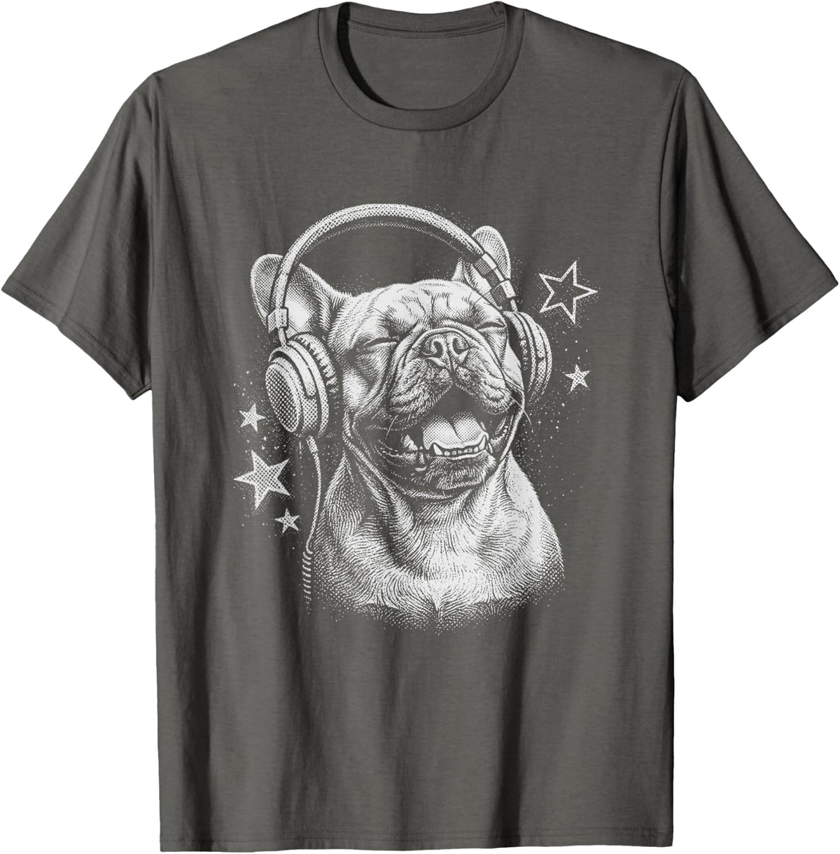 French Bulldog Singing Headphones Y2K T-Shirt - Asphalt Grey