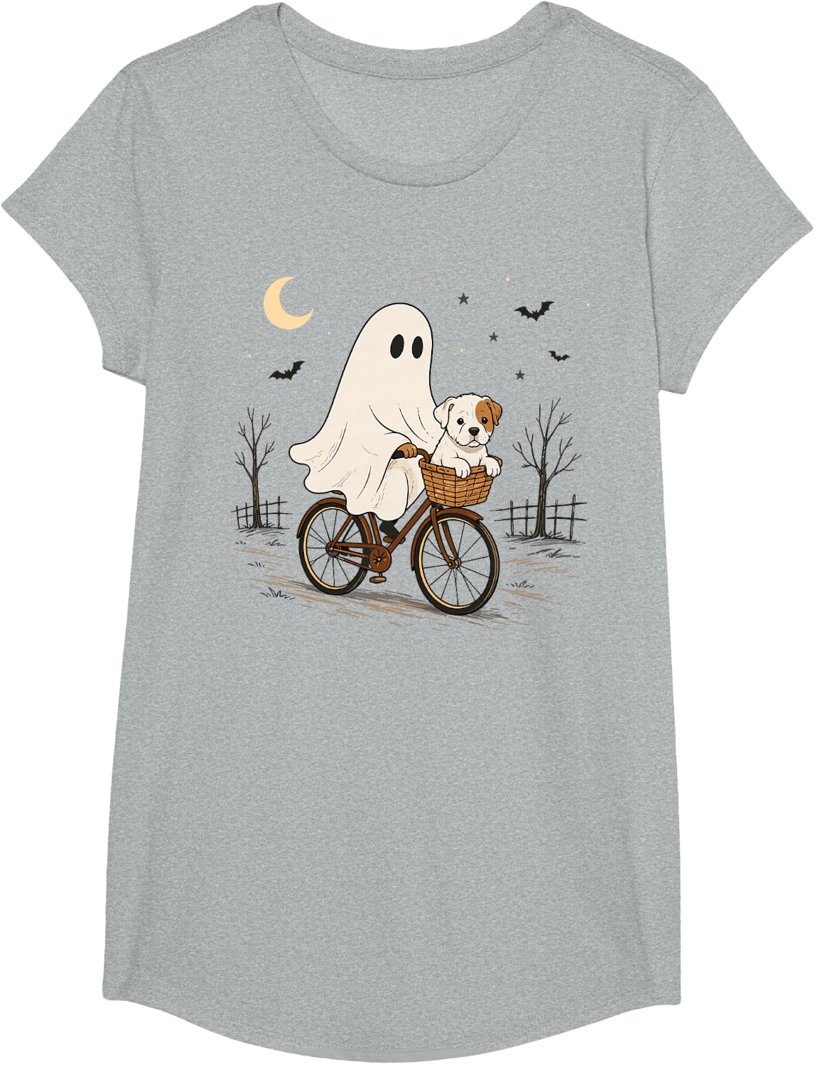 Staffordshire Bull Terrier Ghost Bicycle Halloween Night T-Shirt - Girls Heather Grey