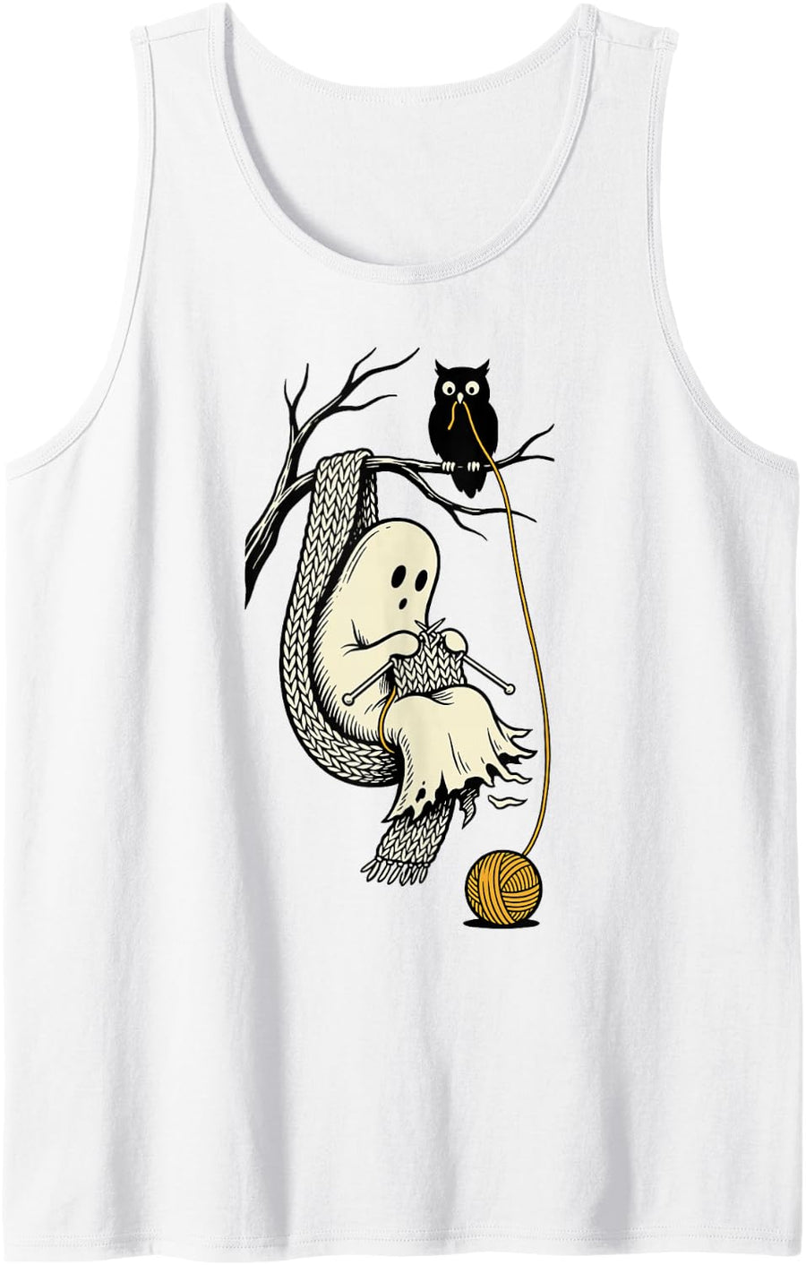 Ghost Knitting Funny Spooky Knitter Owl Humor Men Tank Top - White