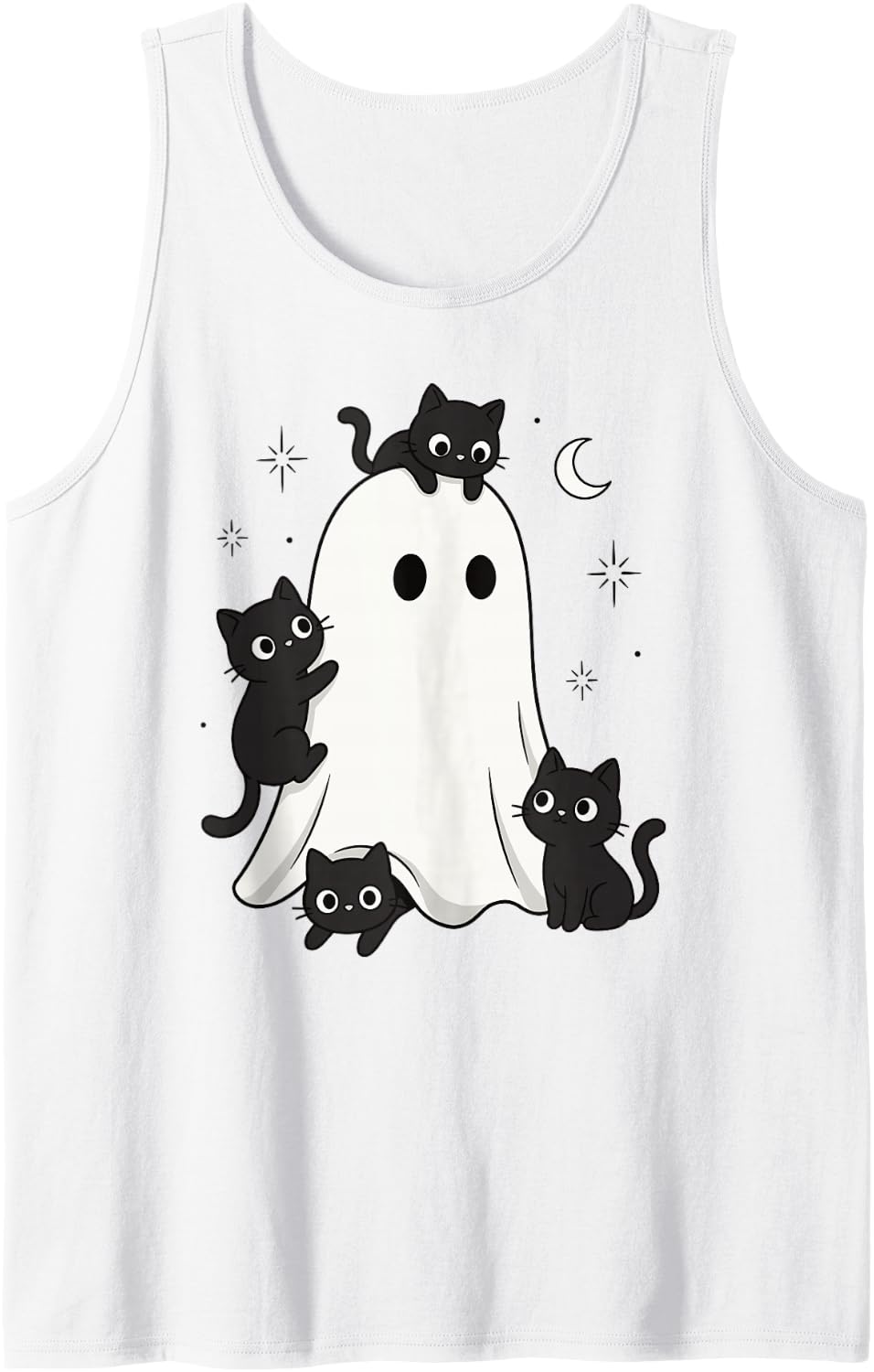 Cute Halloween Ghost with Black Cats Spooky Kawaii Cat Lover Tank Top - White