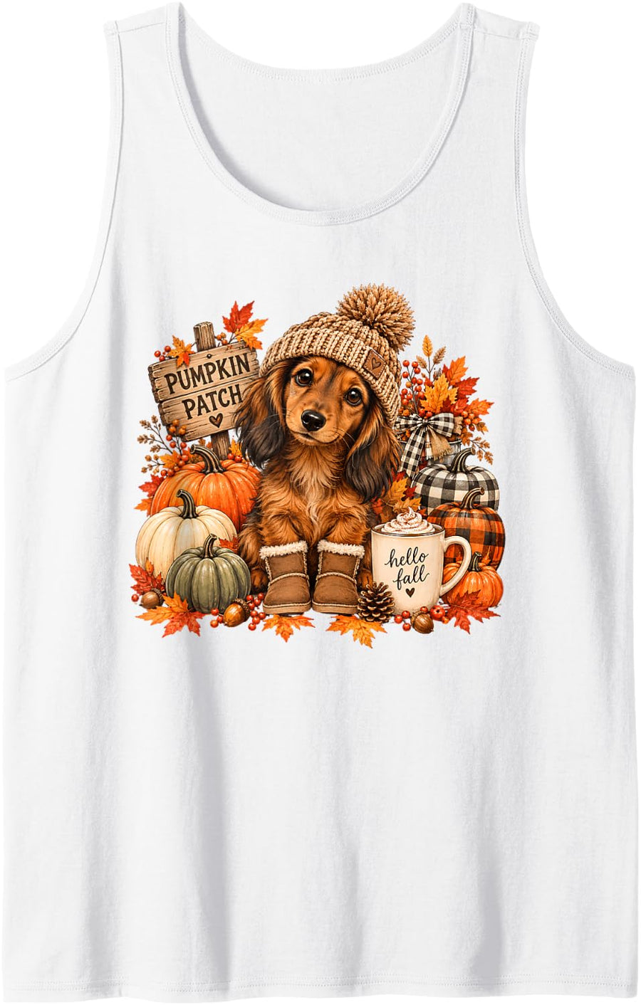 Autumn Dachshund Dog Pumpkin Patch Fall Leaves Cozy Vibe Sleeveless Tank Top - White