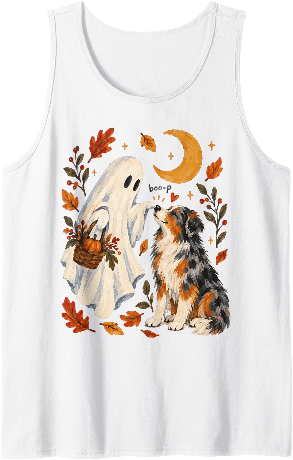 Halloween Boo-P Ghost Dog Aussie Australian Shepherd Sleeveless Tank Top - White