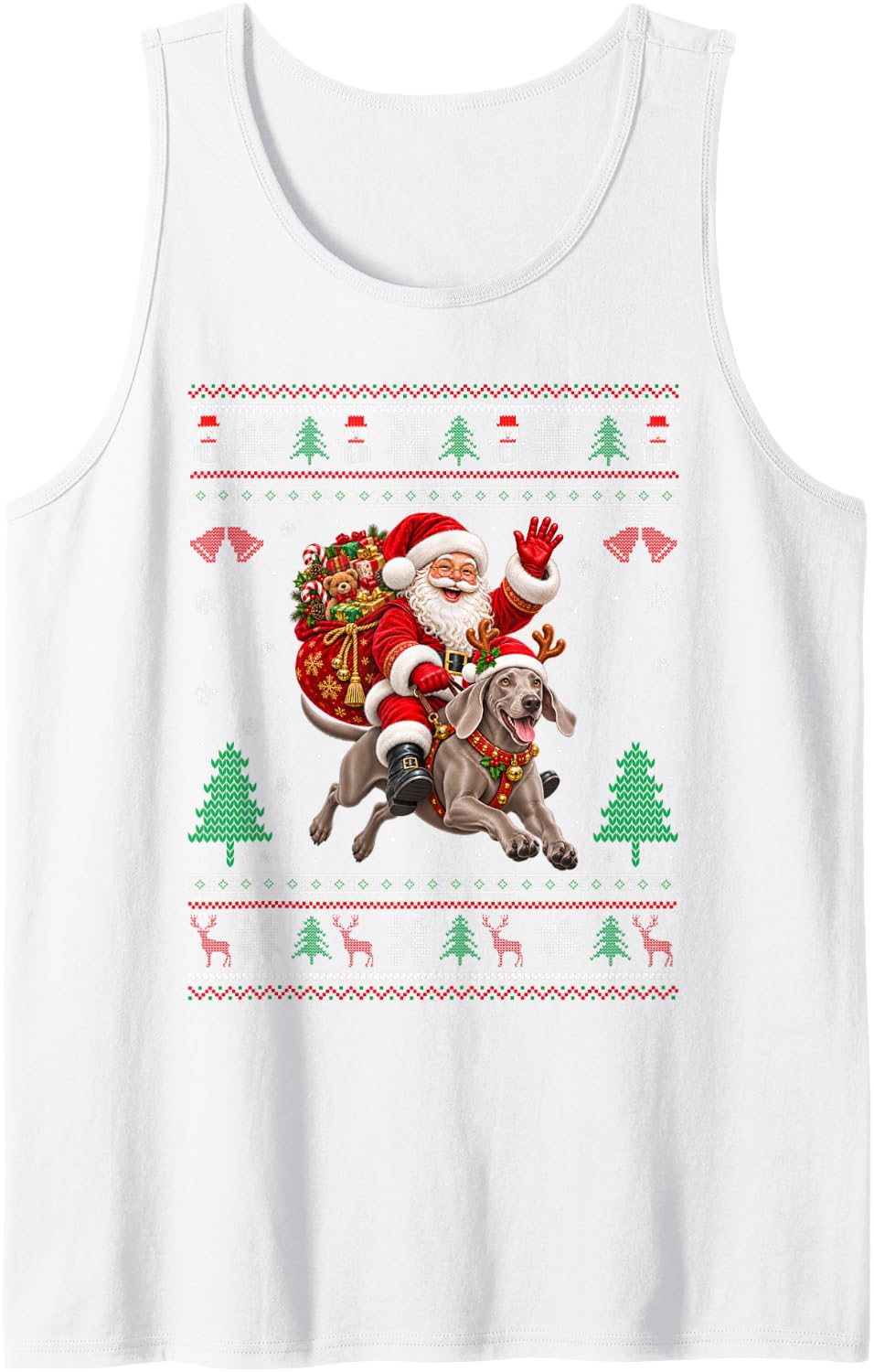 Weimaraner Dog Ugly Christmas Sweater Santa Riding Dog Xmas Sleeveless Tank Top - White