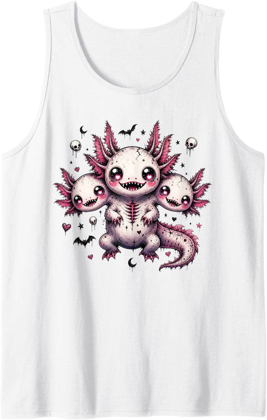 Vintage 3 Headed Axolotl Grunge Goth Horror Creepy Halloween Sleeveless Tank Top - White