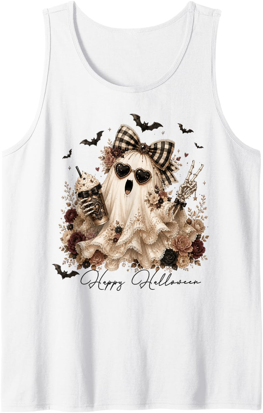 Elegant Halloween Ghost Floral Bow Coffee Spooky Style Sleeveless Tank Top - White