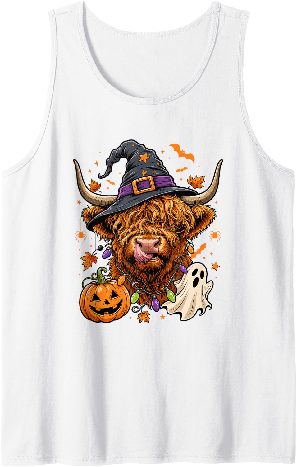 Halloween Highland Cow Witch Hat Pumpkin Ghost Sleeveless Tank Top - White