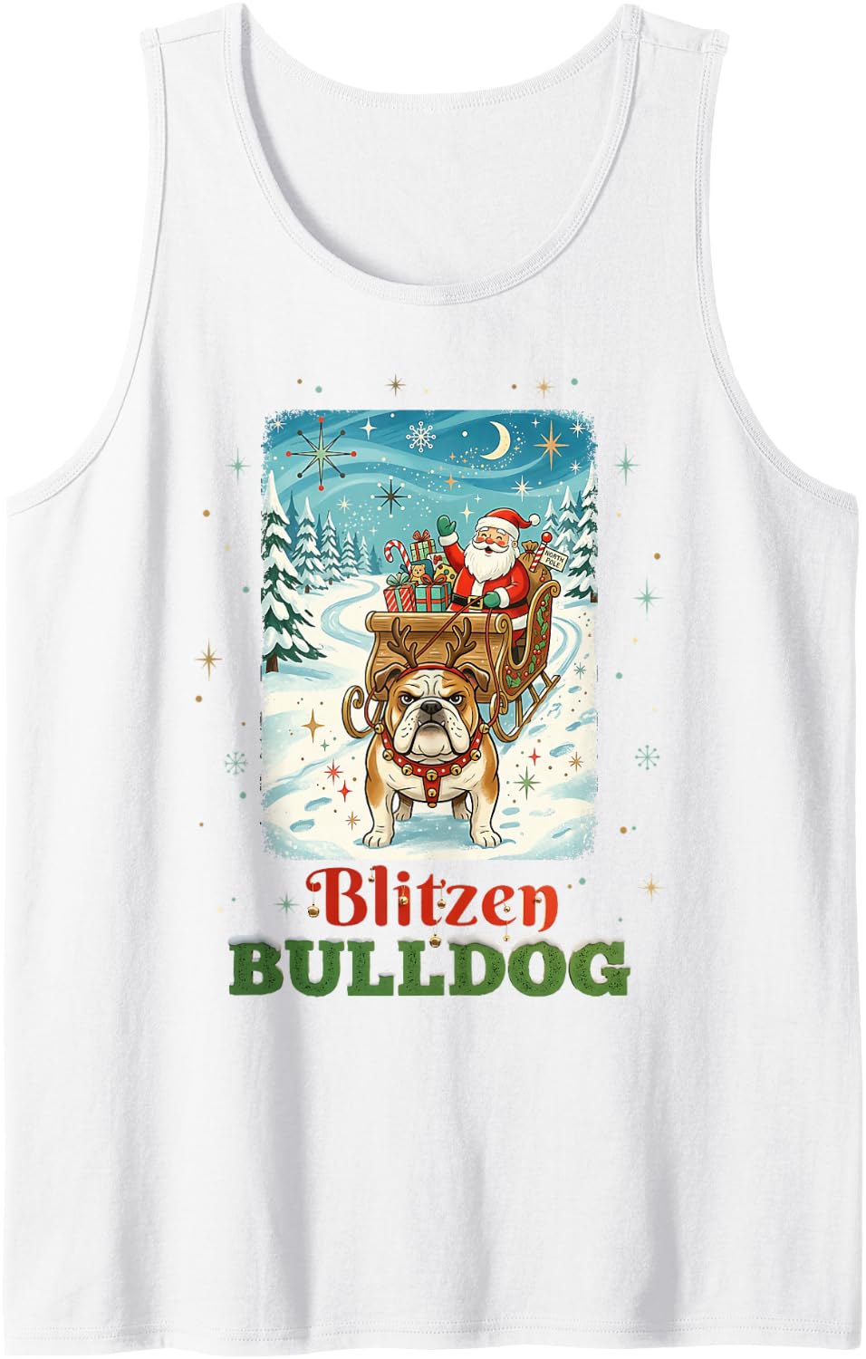 English Bulldog Blitzen Pulling Santa's Sleigh Retro Holiday Sleeveless Tank Top - White