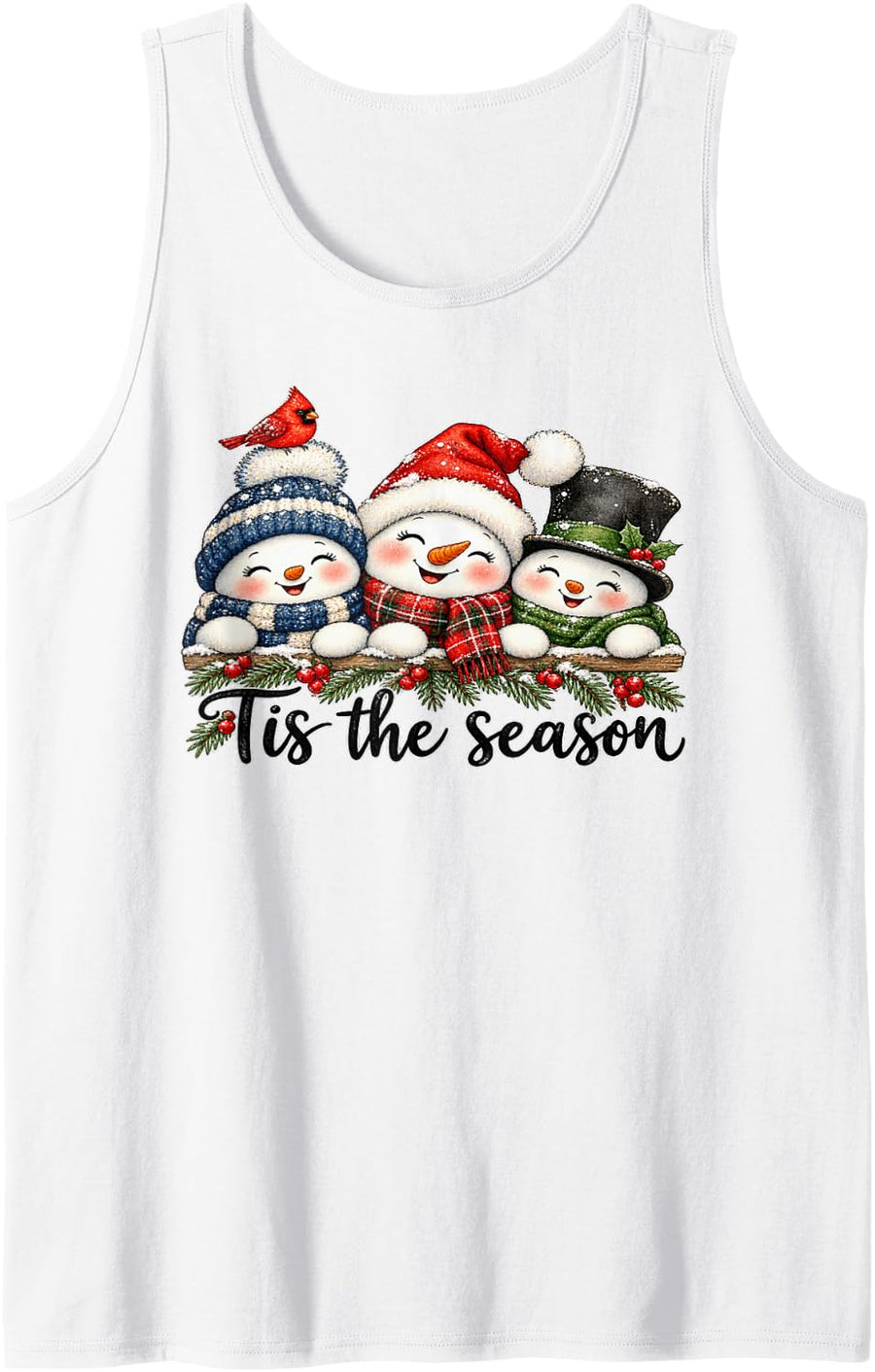 Three Snowmen Peeking Cardinal Tis The Season Kids Christmas Sleeveless Tank Top - White