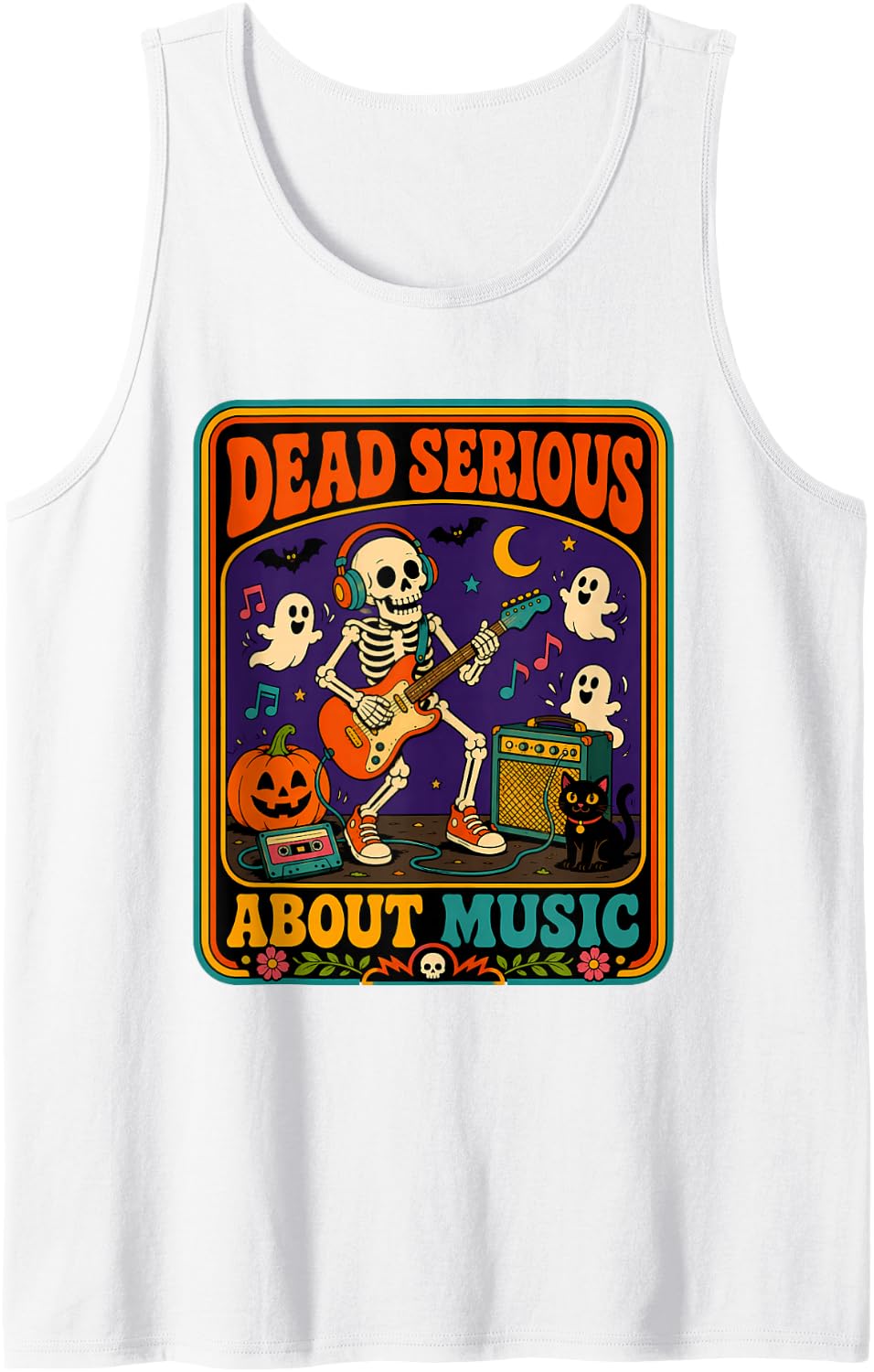 Halloween Skeleton Music Lover Guitar Pumpkin Ghost Sleeveless Tank Top - White