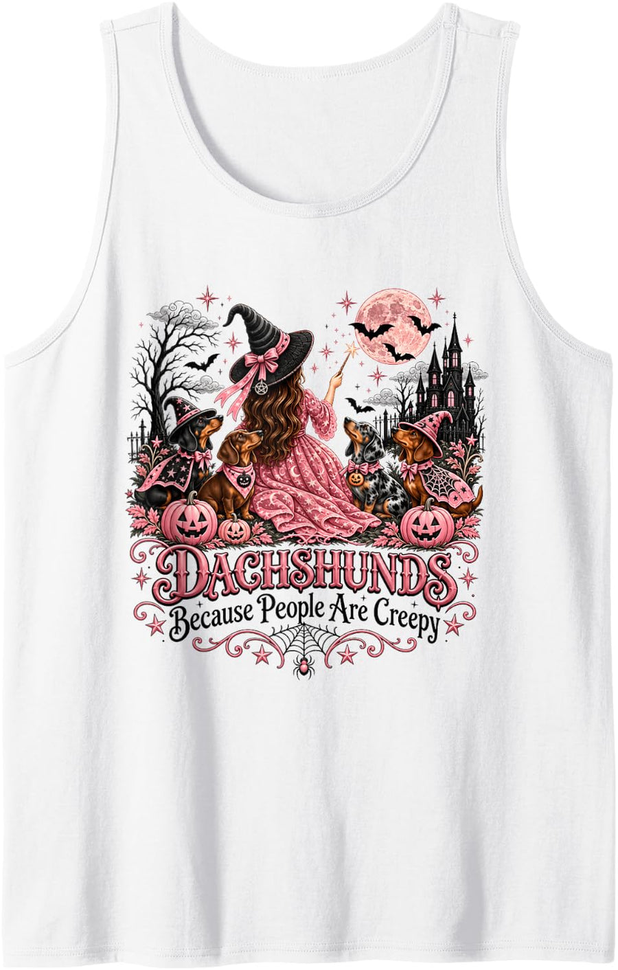 Dachshunds Because People are Creepy Cute Witch Halloween Sleeveless Tank Top - White