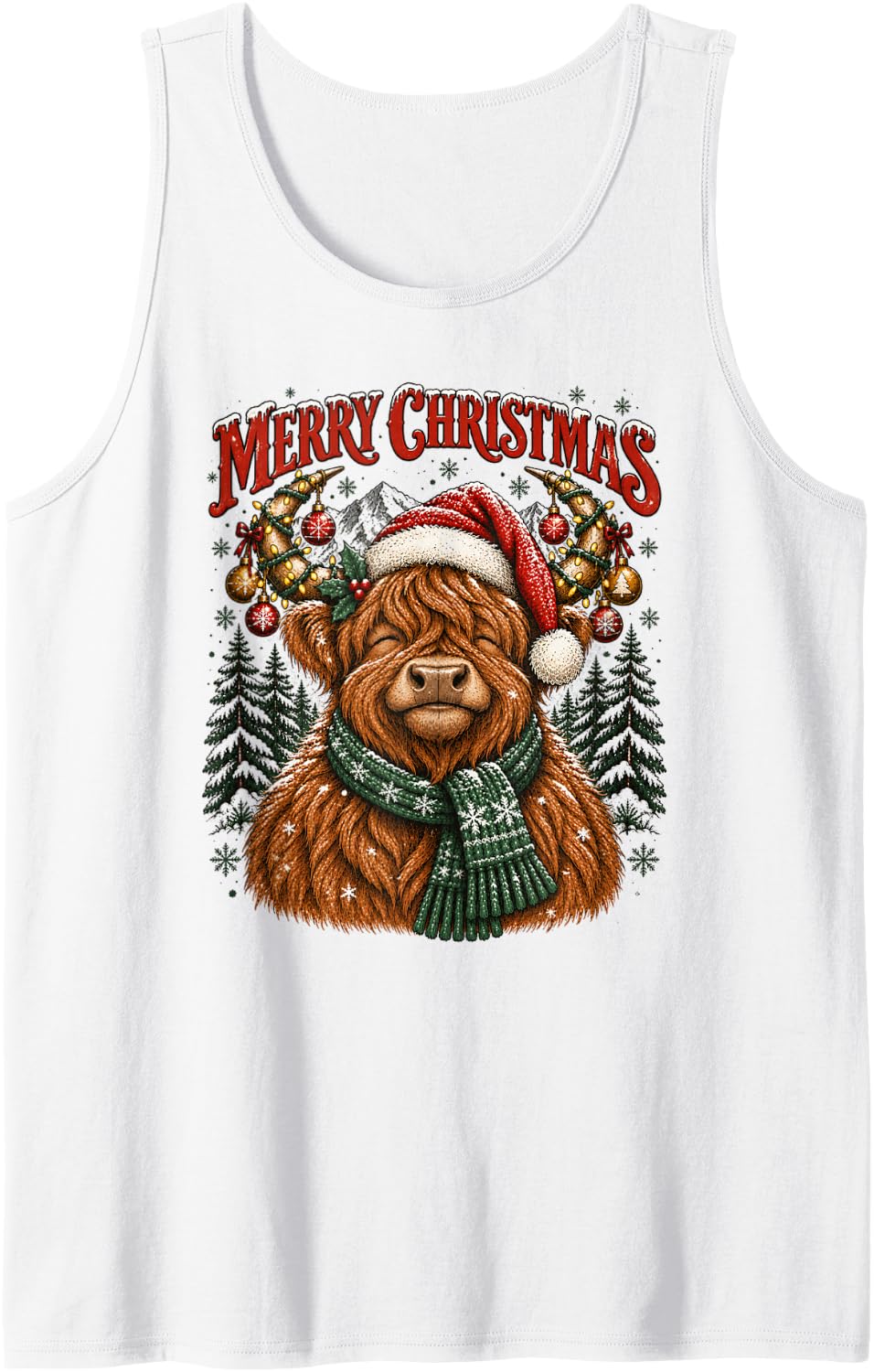 Highland Cow Merry Christmas Cute Santa Hat Cow Xmas Sleeveless Tank Top - White