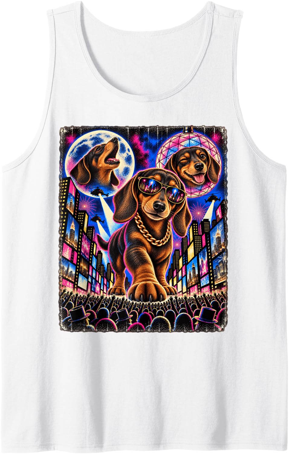 Dachshund Doxie Times Square Hip Hop Rap Party Cool Dog Sleeveless Tank Top - White